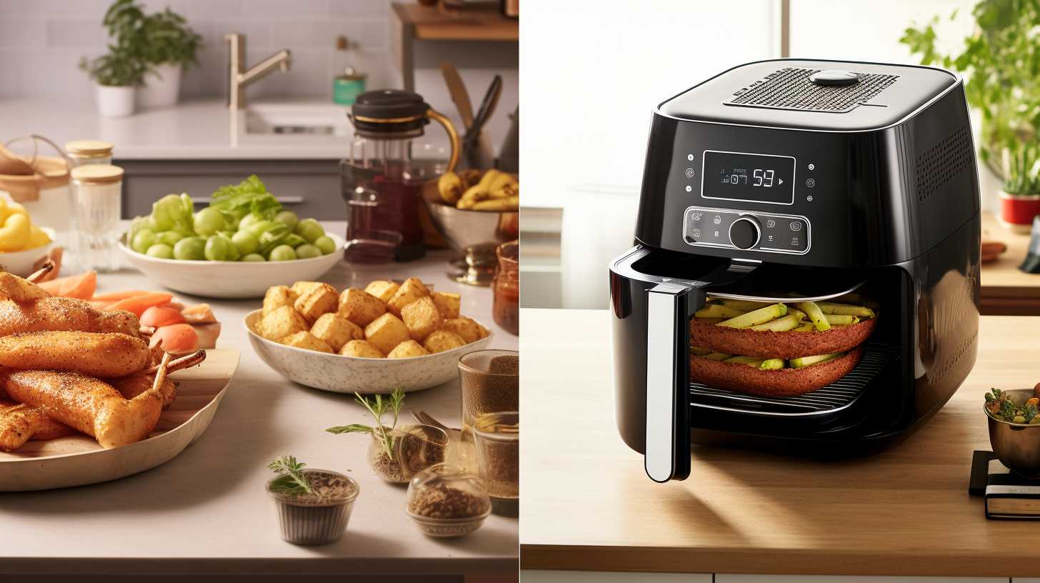 A sleek, compact stand-alone air fryer with a digital display and a versatile Instant Pot with multiple cooking functions, surrounded by healthy ingredients.