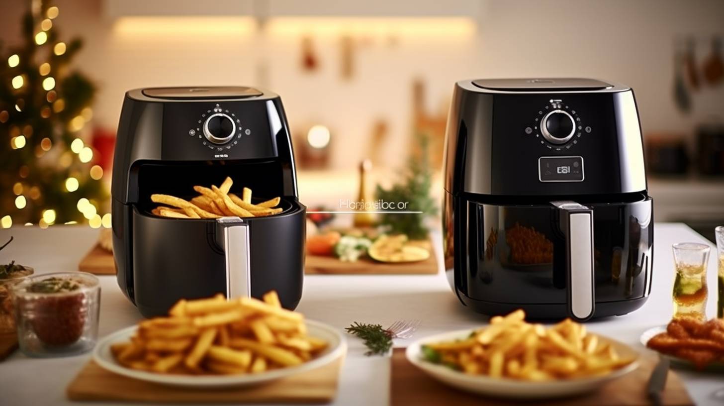 A split-screen comparison image showcasing the Tefal Air Fryer and Philips Airfryer in action. On the left side, crispy fries, juicy chicken, and perfectly baked pastries are displayed using the Tefal Air Fryer. On the right side, the same dishes are shown using the Philips Airfryer.