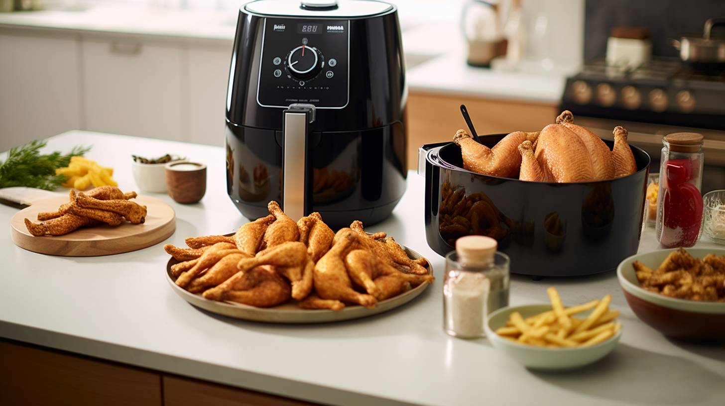 Two sleek modern kitchen countertops side by side. On one countertop, a Tefal Air Fryer sizzles with golden, crispy fries. On the other, a Philips Airfryer evenly cooks a batch of mouthwatering chicken wings.