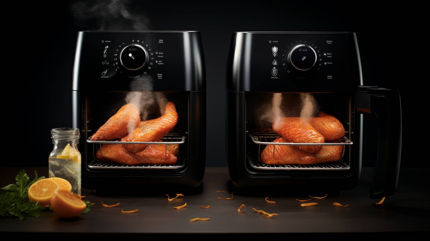 Two sparkling air fryers with removable, dishwasher-safe parts being effortlessly cleaned by a user, showcasing convenience and time-saving features.