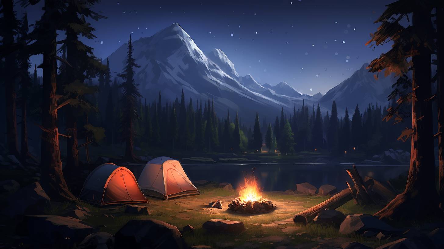 A serene moonlit night in the wilderness with a tranquil campsite, towering trees, a crackling bonfire, and a clear sky filled with twinkling stars.