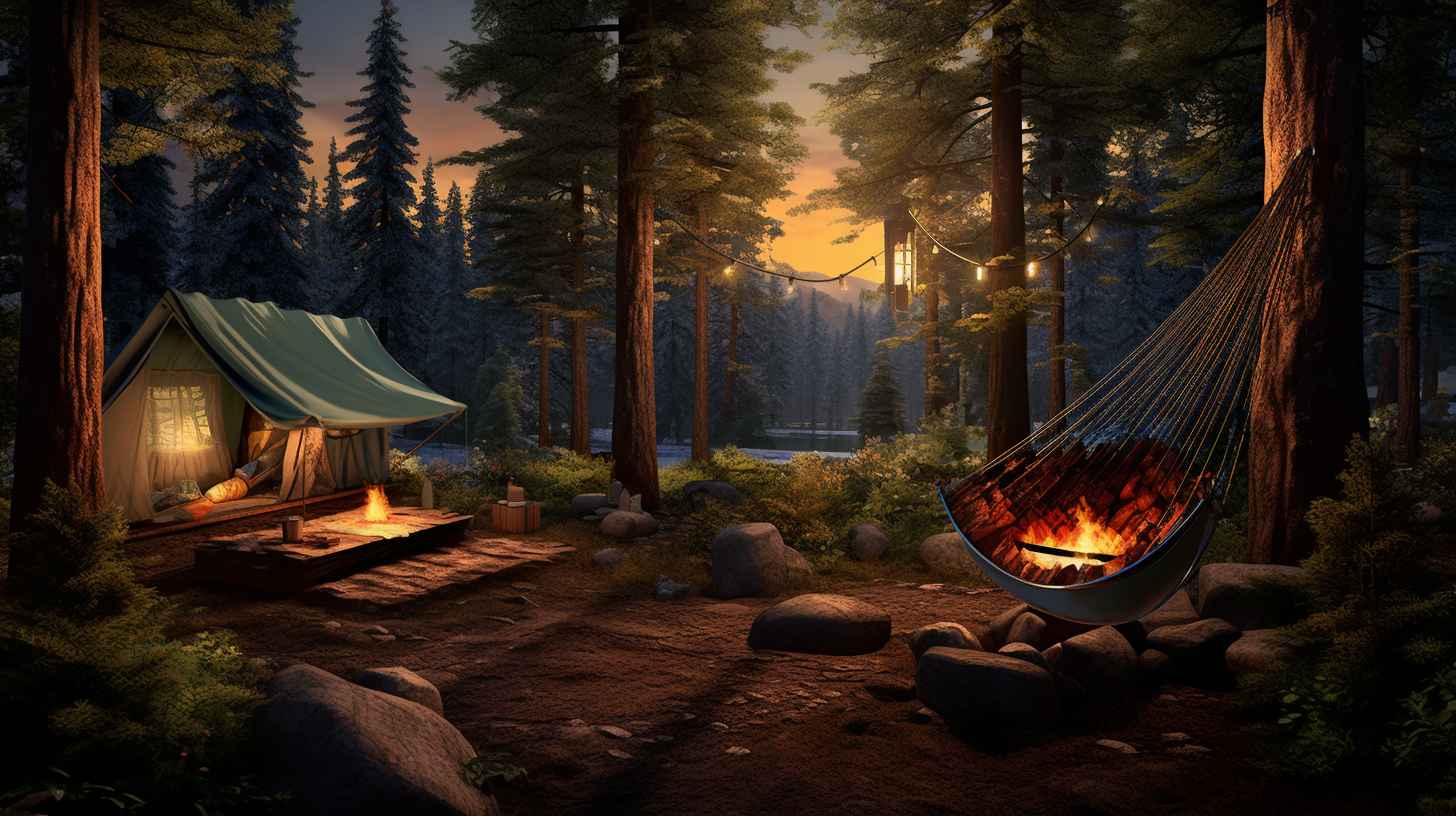 A serene campsite nestled amidst towering pine trees, with a cozy hammock strung between two sturdy trunks, inviting adults to relax and unwind.