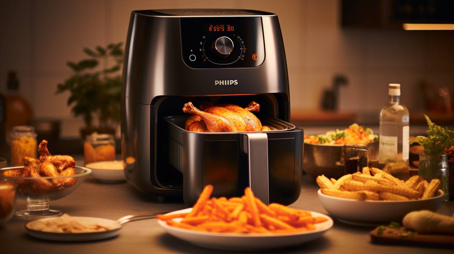 Two air fryers side by side, one Usha Air Fryer and one Philips Airfryer, cooking golden-brown fries and crispy chicken, showcasing their unmatched performance and cooking efficiency.