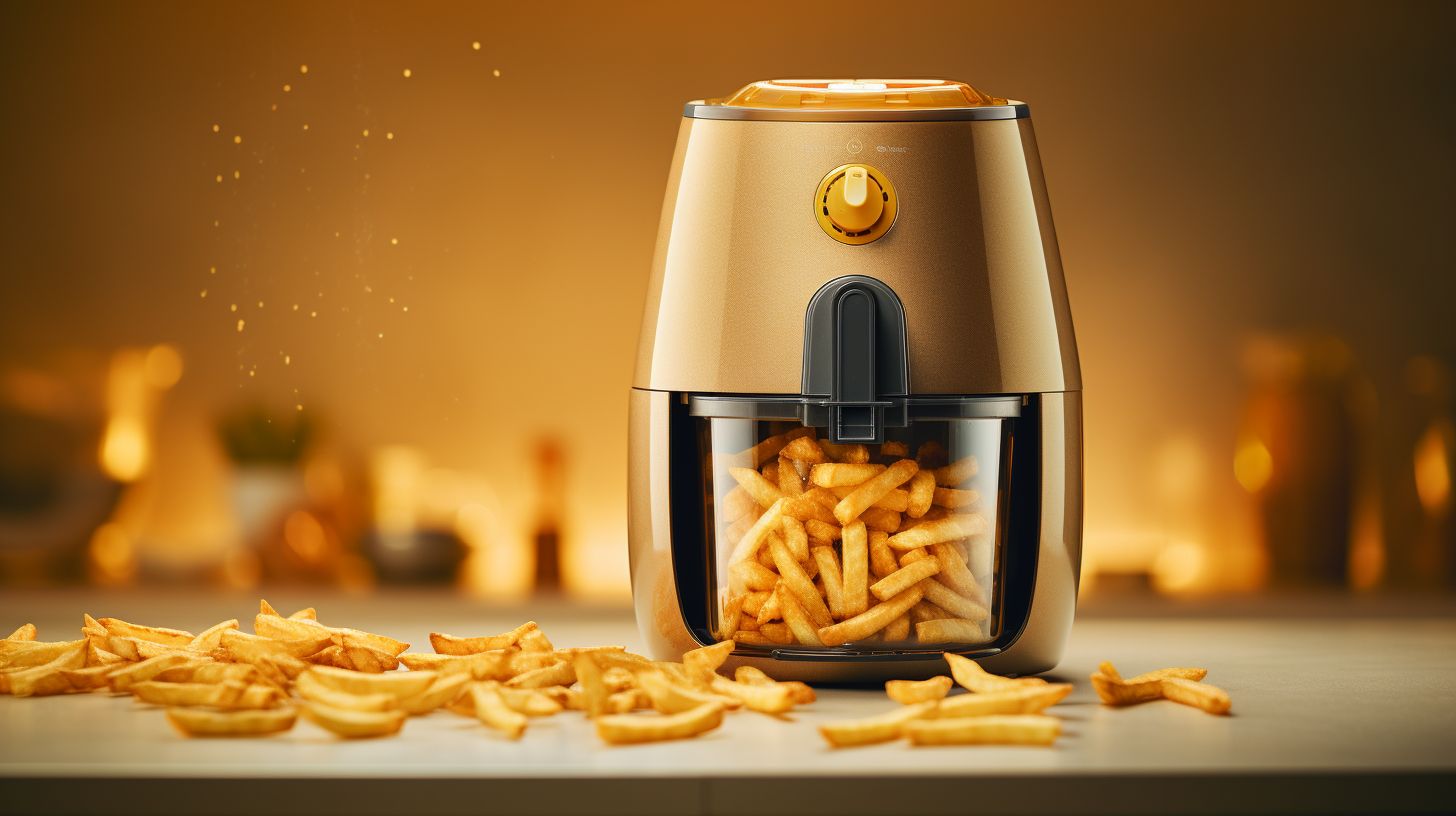 A sleek air fryer with a transparent basket filled with golden-brown fries, perfectly crispy on the outside and tender on the inside.