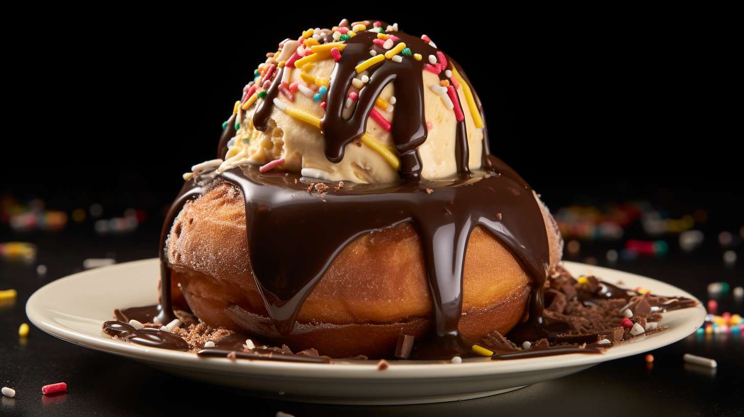 Golden-brown air-fried donut with chocolate glaze, rainbow sprinkles, and vanilla ice cream