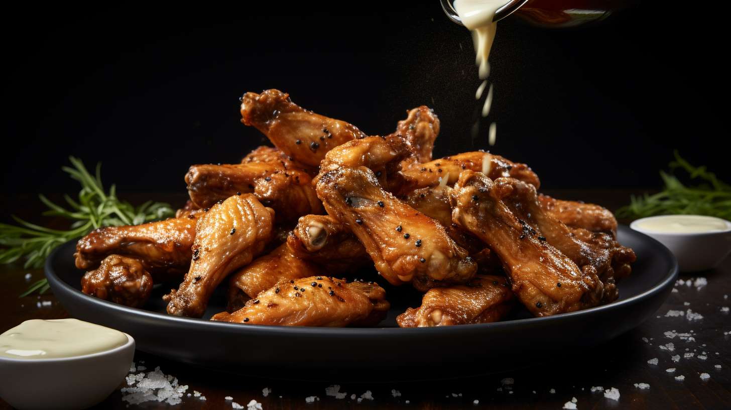 Plate of golden-brown crispy chicken wings with a honey glaze, served with a zesty homemade dipping sauce.