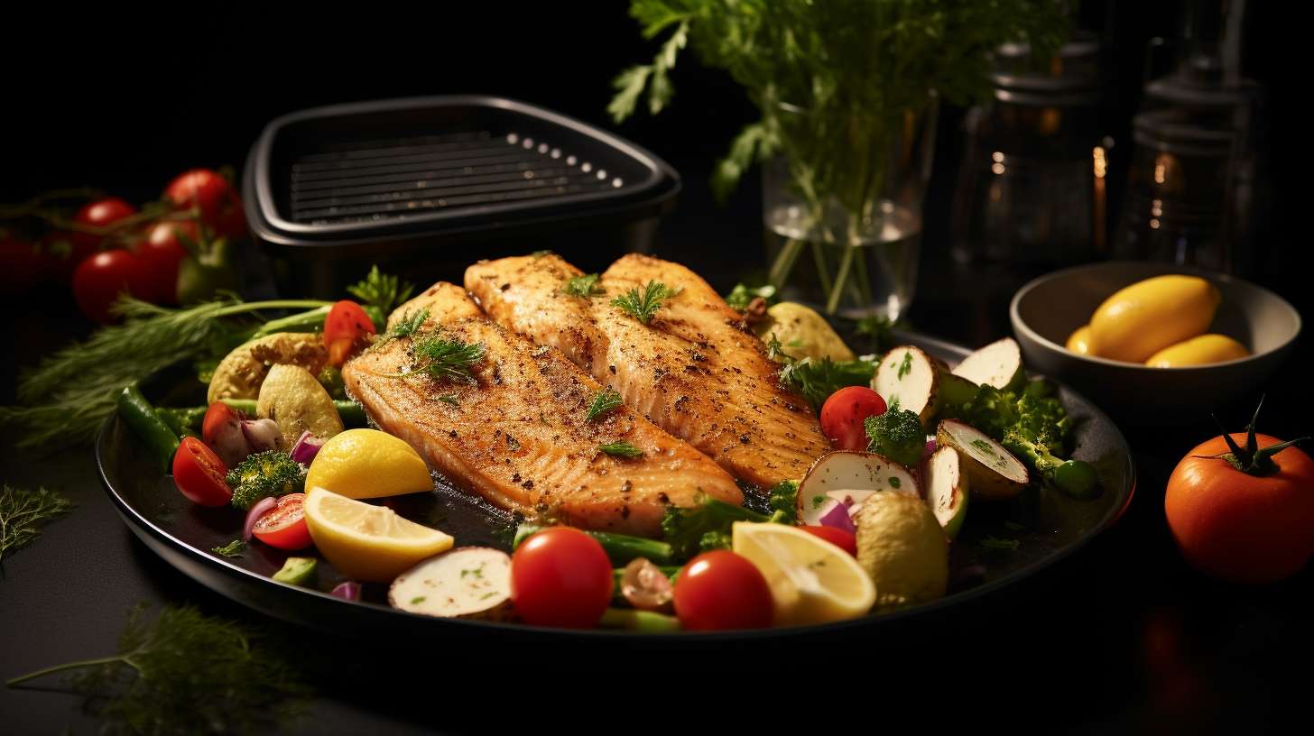 A golden-brown crispy fish fillet emerging from a sizzling air fryer, perfectly seasoned with fragrant herbs and spices, adorned with a zesty lemon wedge, and surrounded by a colorful array of fresh vegetables.