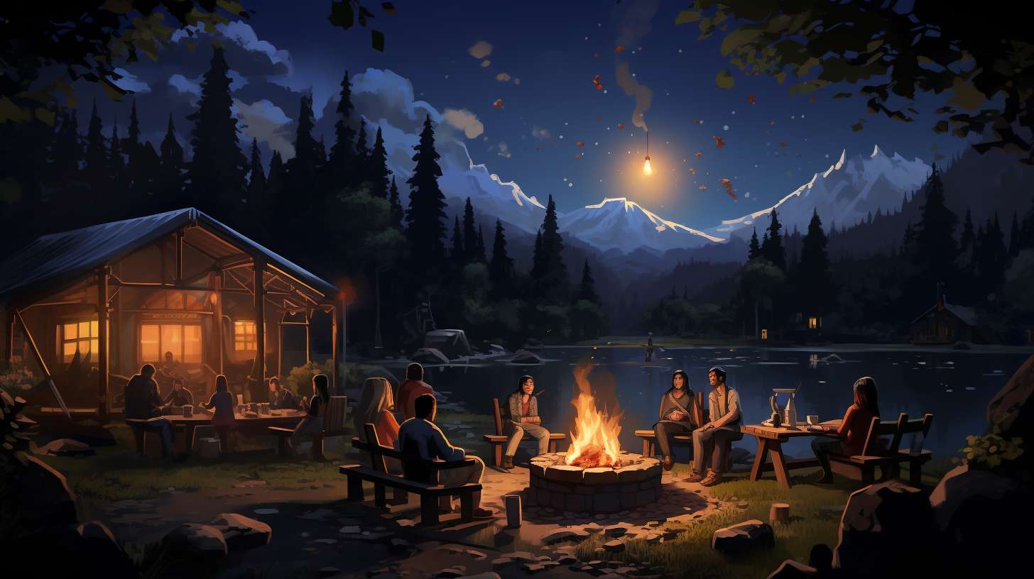 A group of friends gathered around a cozy campsite, roasting marshmallows and enjoying outdoor dining under a starry sky.