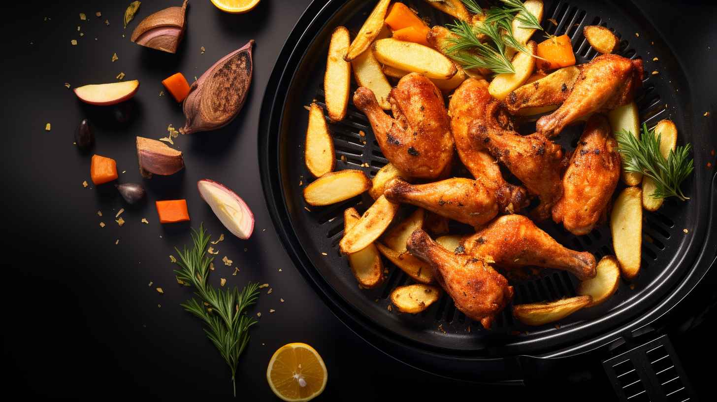 A vibrant collage of various foods cooked in an air fryer, including crispy fries, golden chicken wings, and perfectly roasted vegetables, showcasing the air fryer's versatile cooking capabilities.