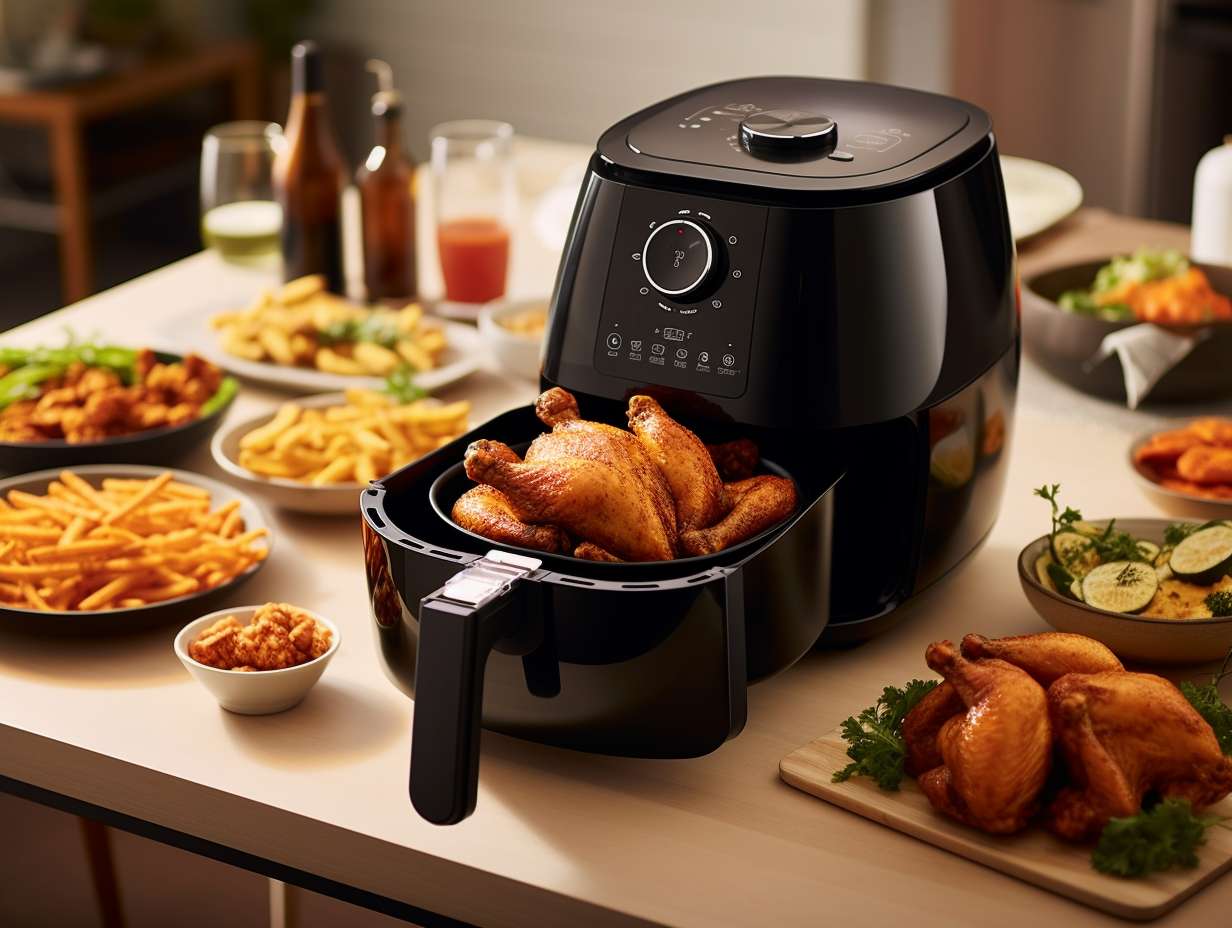 Mouthwatering assortment of crispy, golden-brown dishes cooked to perfection in an air fryer, showcasing the time-saving aspect of quick meal preparation.