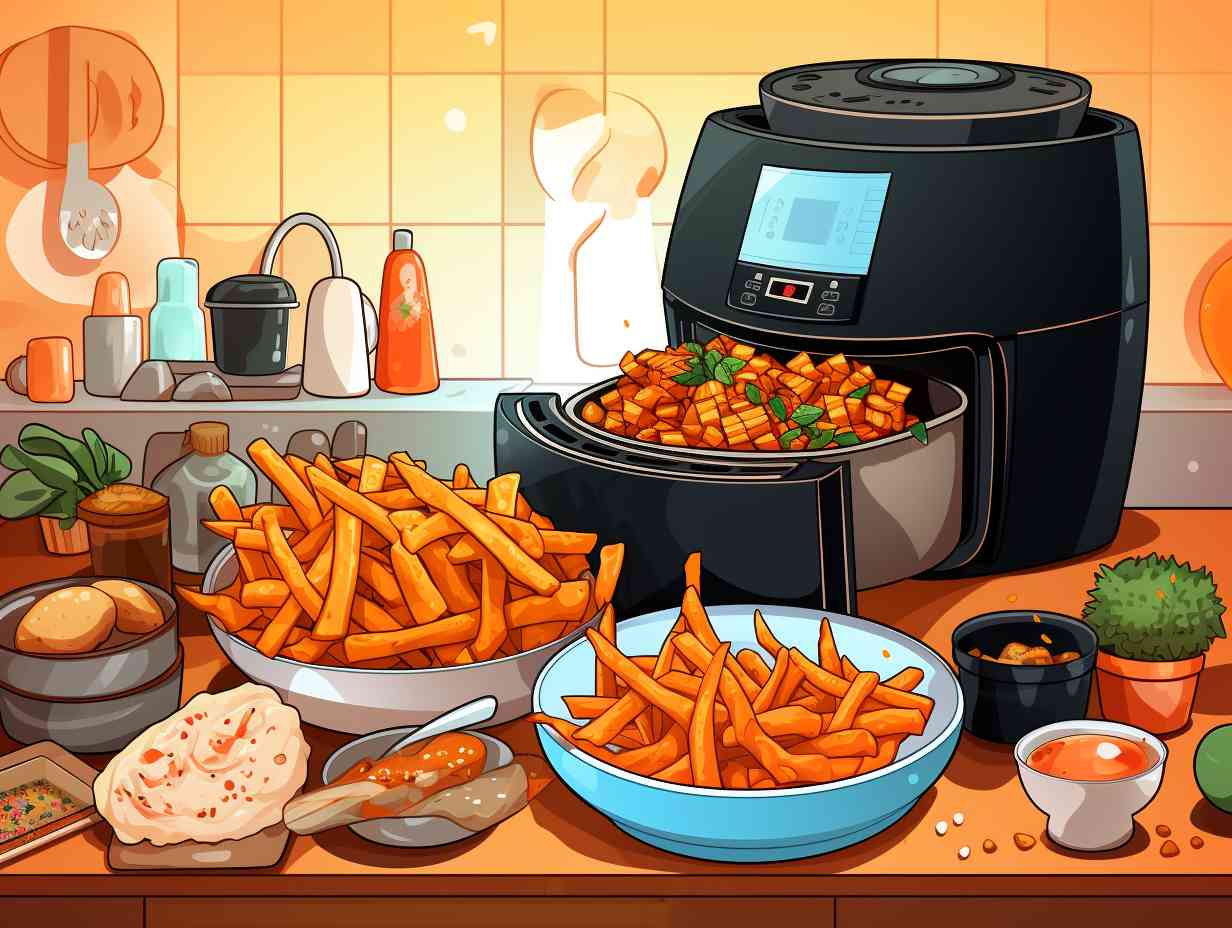 A crowded kitchen countertop with various ingredients and cooking utensils, with a compact air fryer struggling to fit in.