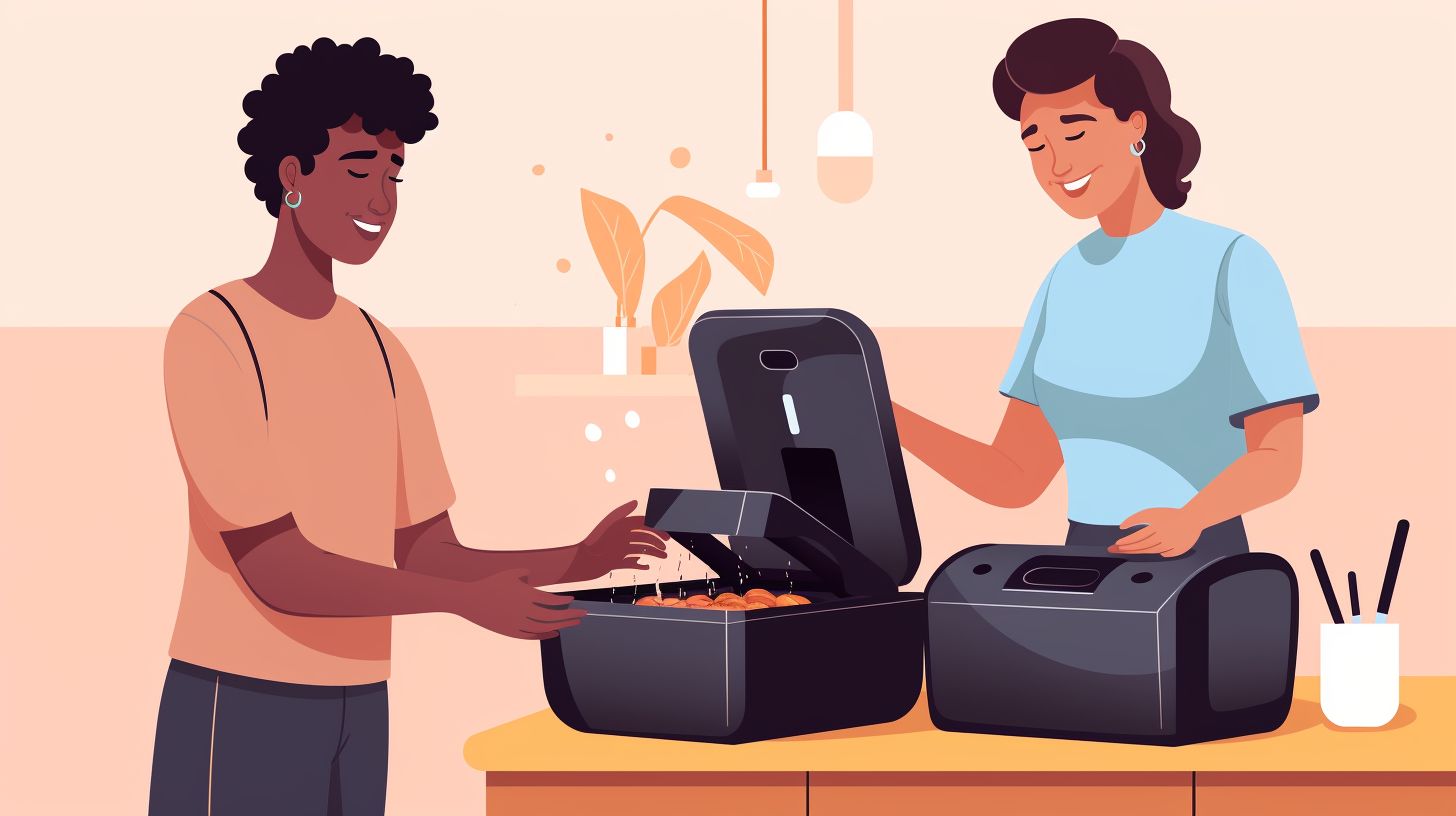 A person effortlessly placing food into an air fryer, while another person easily washes the removable parts, showcasing the convenience and simplicity of using and cleaning the fryer.