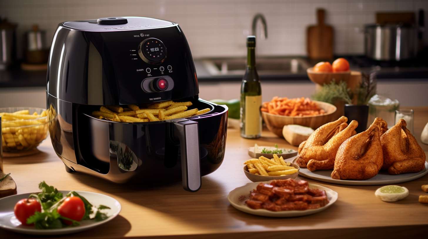 A kitchen countertop with an air fryer in use, surrounded by a variety of crispy and healthy food items. Nearby, some people show expressions of satisfaction while others display concern.