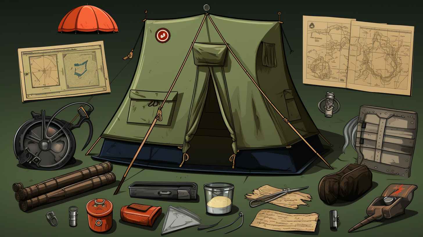 Essential camping gear including a tent with staked guylines, a backpack filled with supplies, a compass, a first aid kit, and a map, highlighting the requirements for the Camping Merit Badge.