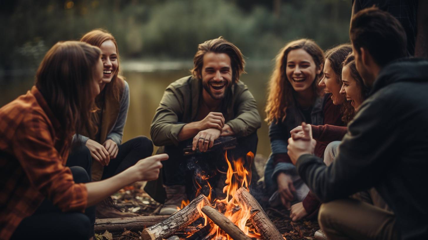 A diverse group of individuals sitting around a campfire, laughing and sharing stories, surrounded by a beautiful hiking trail.