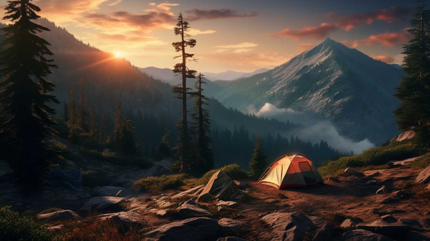 A serene campsite nestled amidst towering pine trees, with a winding trail leading to a breathtaking mountaintop view, showcasing the physical and mental benefits of hiking and camping.