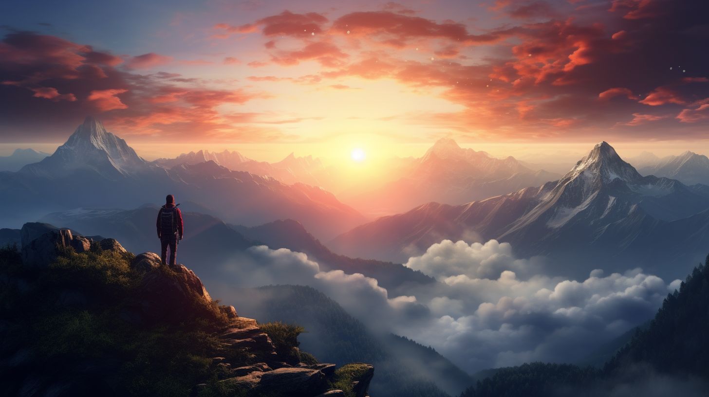 A solitary hiker standing atop a mist-covered mountain, surrounded by untouched wilderness, with a vibrant sunrise illuminating the vast landscape.