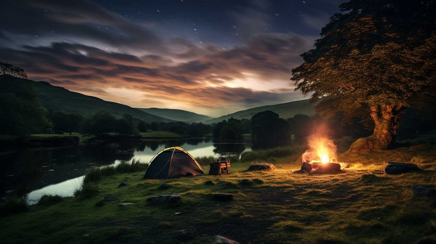 A cozy campfire flickering beside a tent nestled amidst lush greenery, with distant mountains looming majestically under a star-studded sky in Brecon Beacons National Park at dusk.