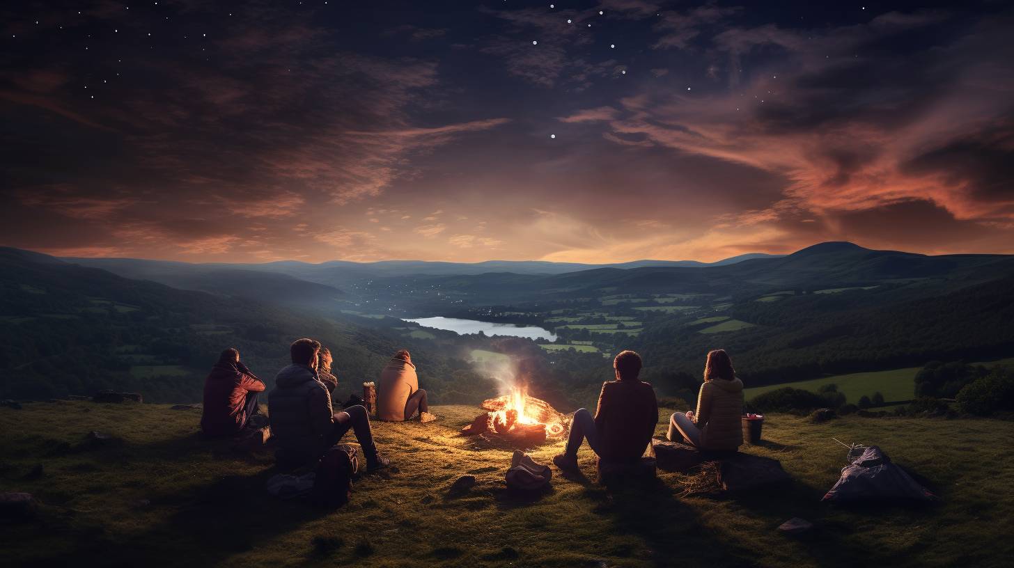 A breathtaking sunset over the lush green valleys of Brecon Beacons. Happy campers gather around a cozy campfire, sharing stories and roasting marshmallows, while the Milky Way shines brightly above.