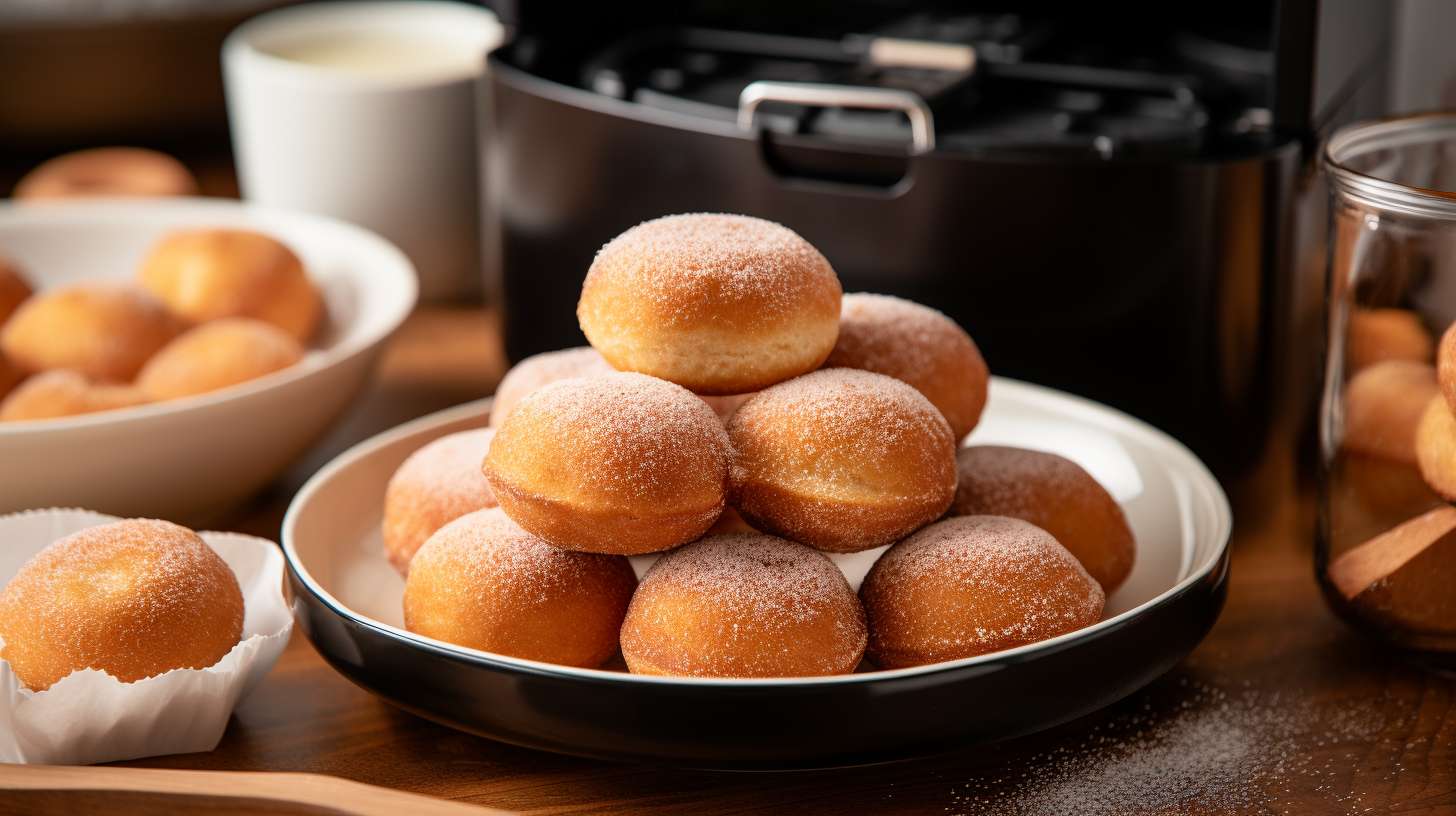 Golden-brown sugar-dusted donuts perfectly puffed and glazed in a 2-quart air fryer, with a tantalizing aroma wafting through the air.