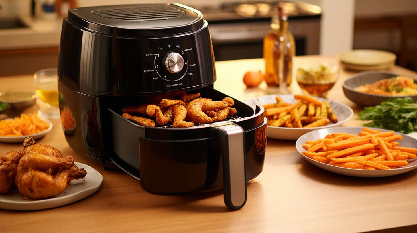 A 2-quart air fryer filled with golden-brown french fries, crispy chicken wings, succulent shrimp skewers, and a perfectly grilled vegetable medley, showcasing the versatility of this compact cooking appliance.