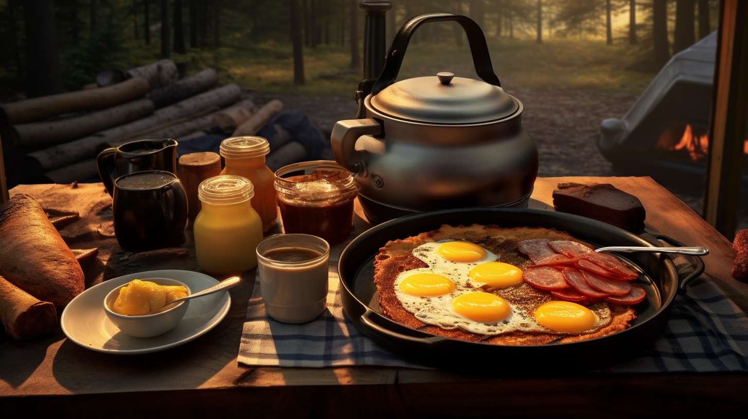 A rustic cast-iron skillet filled with sizzling bacon and eggs, golden pancakes topped with melting butter and syrup, and steaming mugs of freshly brewed coffee.