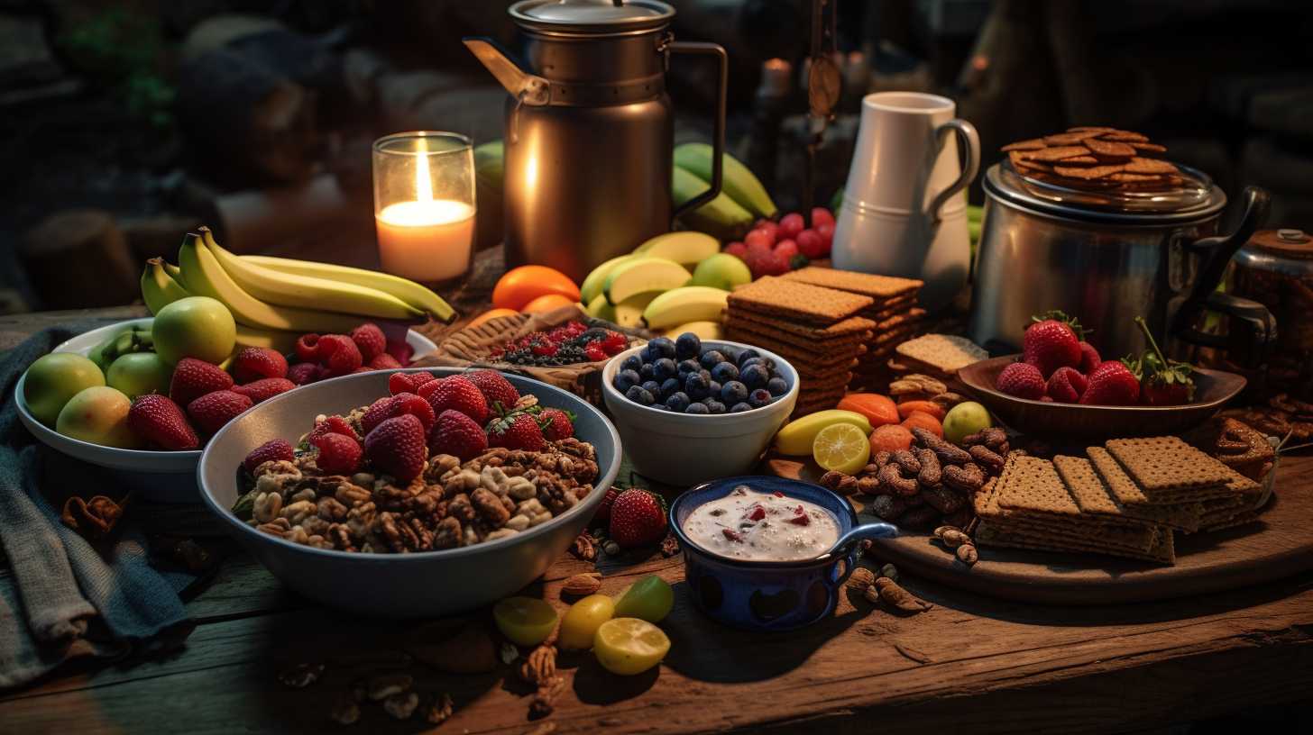 A rustic campsite with a cozy campfire. On a wooden picnic table, there is a colorful array of portable breakfast options like granola bars, fruit cups, yogurt parfaits, and wrapped breakfast burritos.