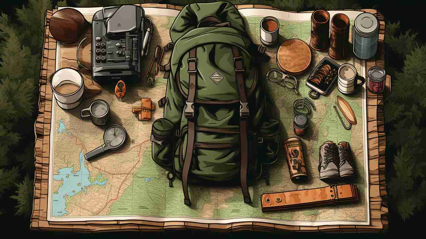 A backpack filled with hiking and camping essentials, surrounded by lush greenery.