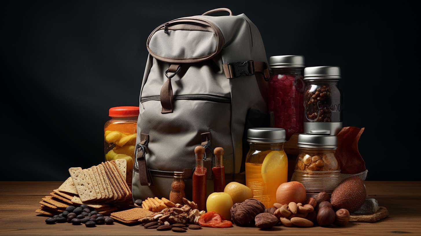 Sturdy backpack filled with non-perishable camping food essentials such as energy bars, dried fruits, trail mix, canned goods, beef jerky, and a portable water filter.