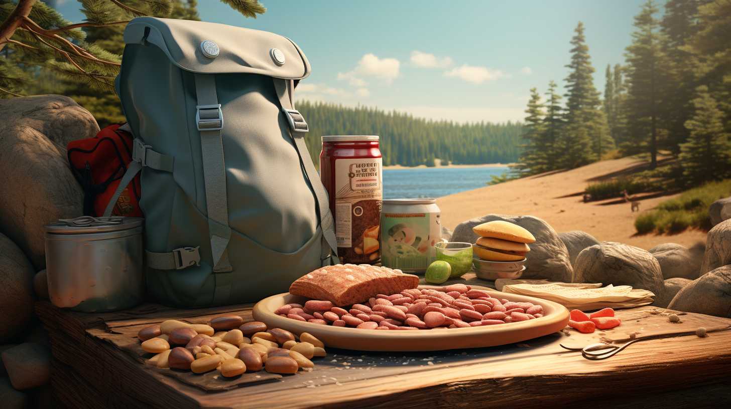 A scenic campsite with a rugged backpack open to reveal an assortment of canned or packaged meals, including tuna, beans, trail mix, and granola bars.