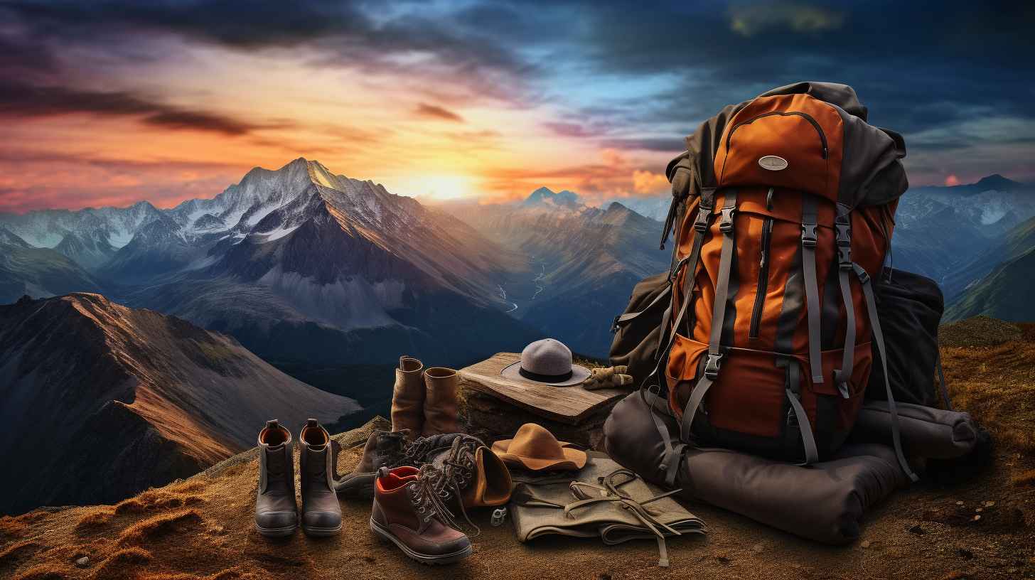 A backpack filled with camping gear including a lightweight tent, sleeping bag, GPS device, camp stove, water filter, and hiking boots, arranged against a backdrop of a stunning mountain range at sunrise.