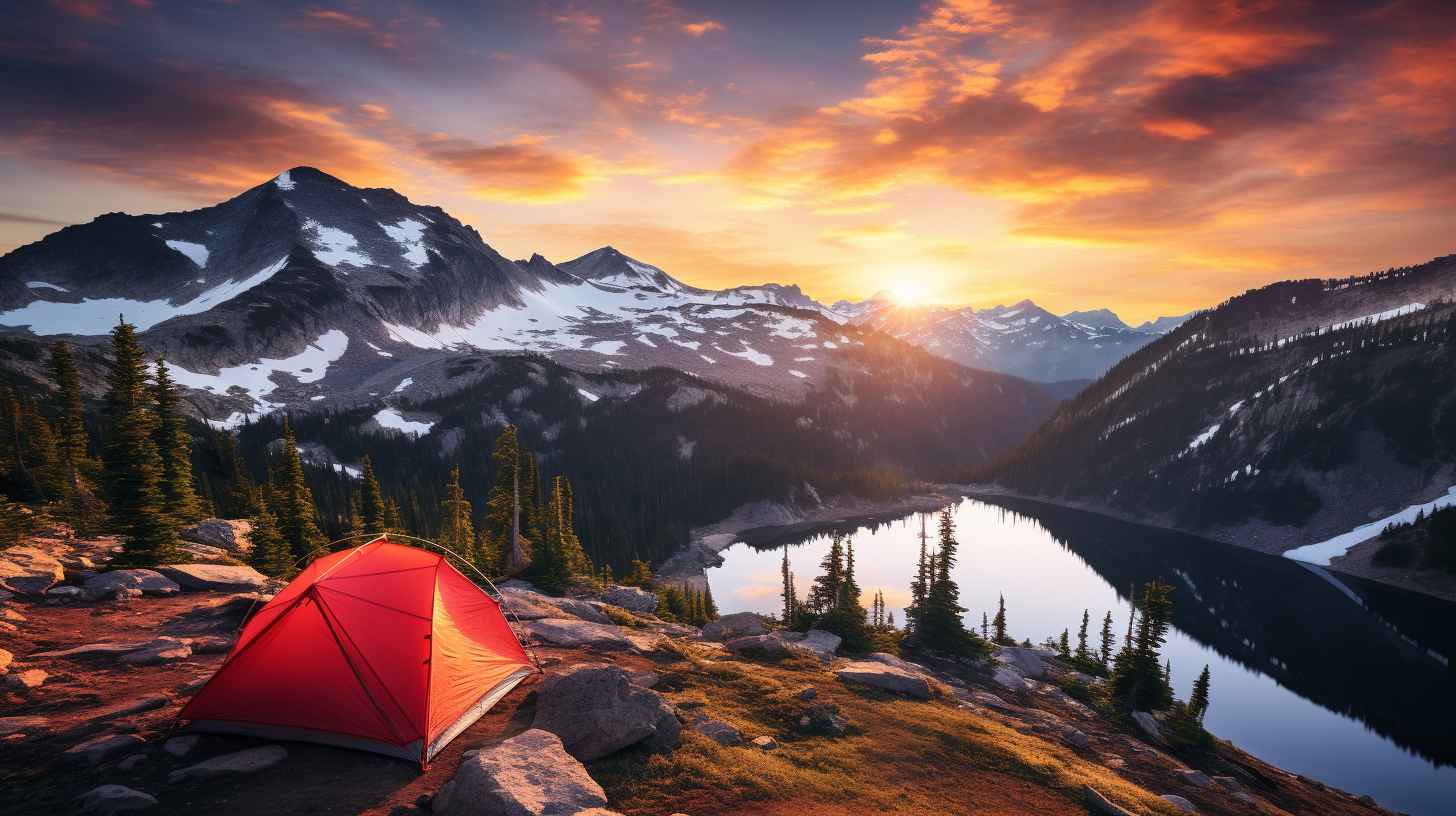 A panoramic view of a remote, untouched wilderness with a solitary tent nestled amidst towering snow-capped mountains, dense pine forests, and a glistening alpine lake.