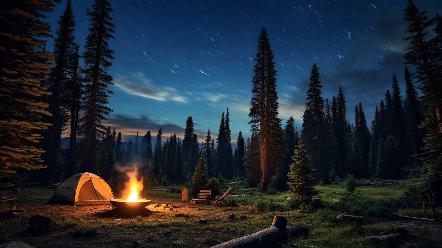 A serene backcountry campsite nestled amidst towering pine trees under a star-filled sky, with a crackling campfire creating a peaceful and secluded atmosphere.