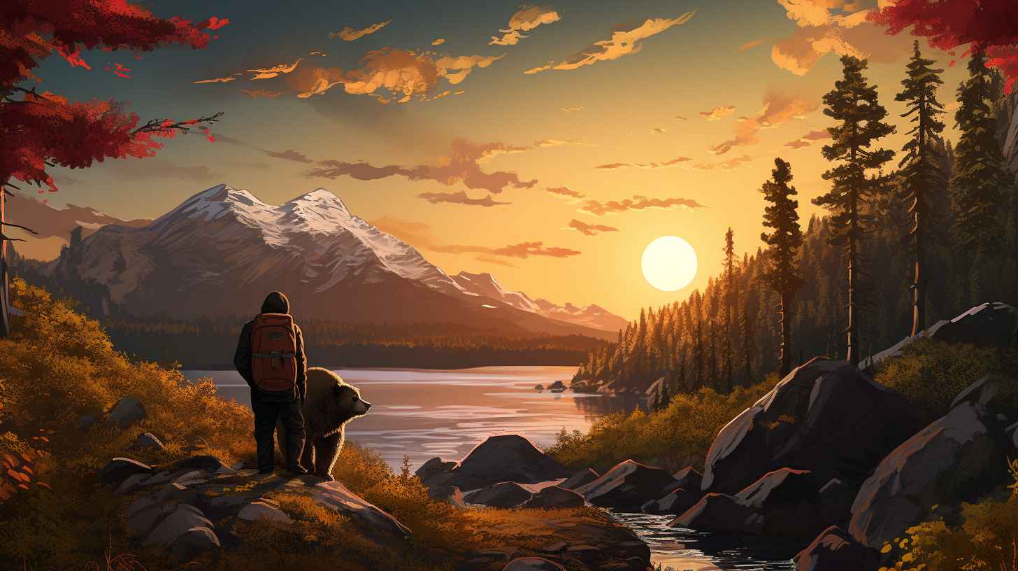 A backpack camper setting up a bear-resistant food storage system in a serene wilderness scene at dusk, surrounded by reminders of wilderness etiquette.