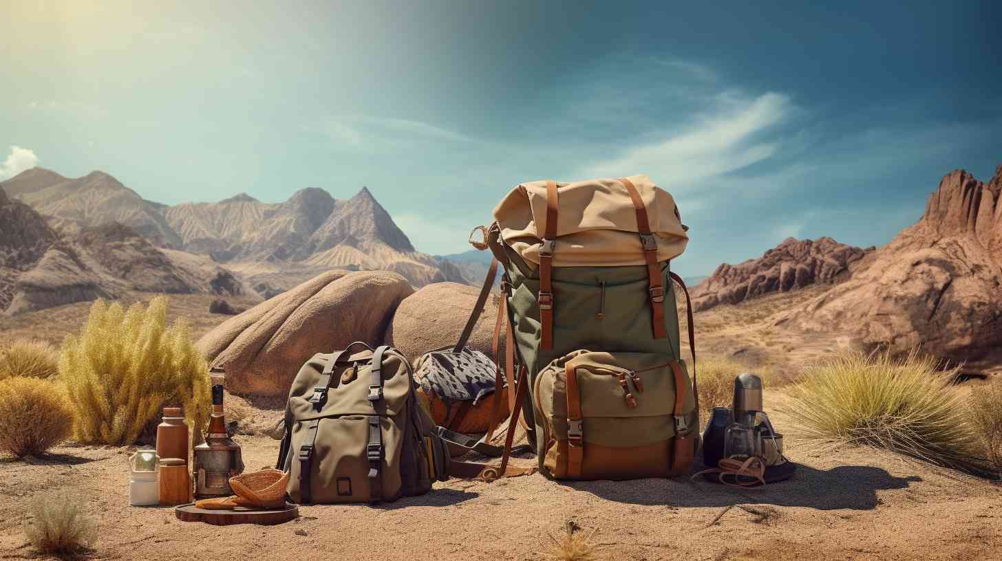 A rugged backpack with a tent strapped to it, a sturdy hiking boot, a collapsible water bottle, a lightweight sleeping bag, and a compass, all surrounded by scenic desert landscapes.