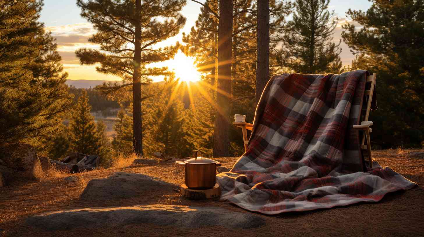 A person wrapped in a camping blanket enjoying hot cocoa by a campfire under a starry night sky in the mountains.