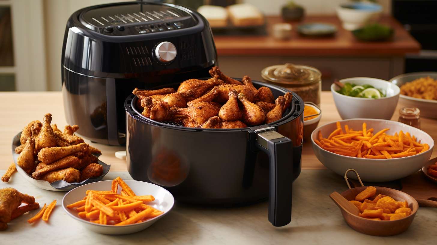 A large air fryer overflowing with golden, crispy chicken wings, glistening onion rings, and perfectly cooked sweet potato fries, showcasing its spacious capacity to effortlessly cater to a hungry crowd.