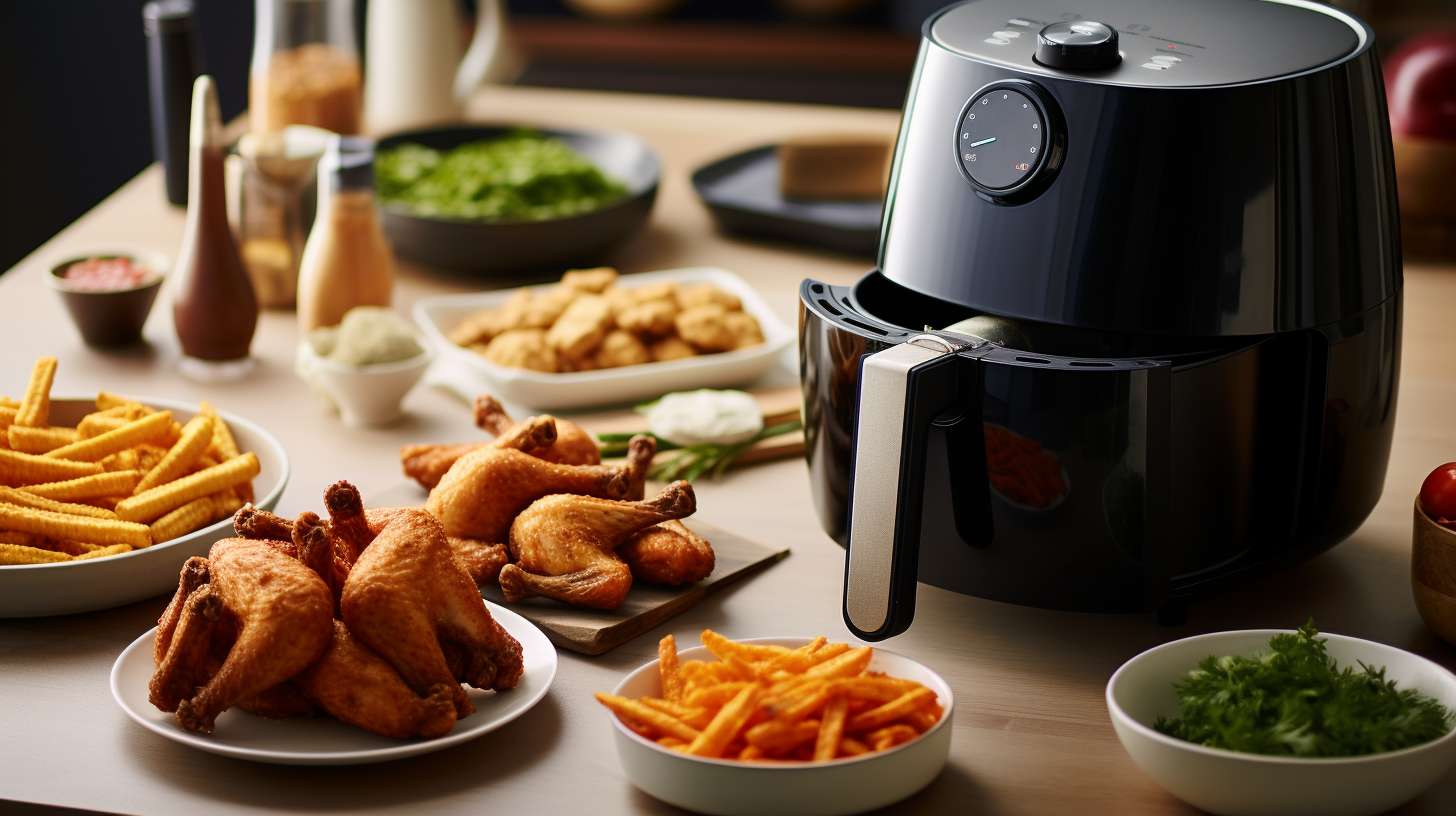 A small air fryer placed on a kitchen countertop surrounded by chicken wings, fries, and vegetables, showcasing its convenience and versatility for single servings or limited kitchen space.