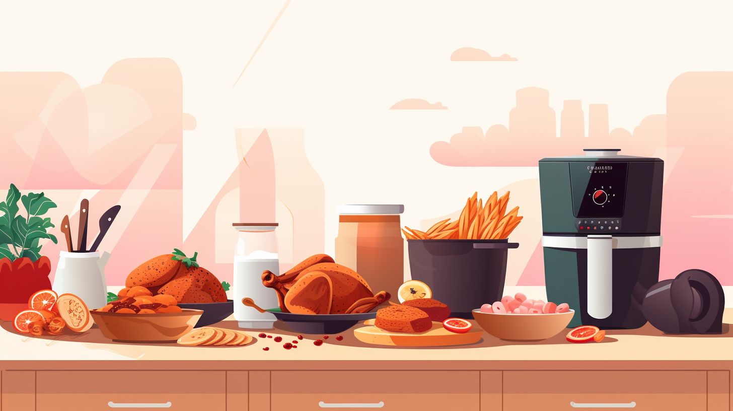 A spacious kitchen countertop adorned with a medium-sized air fryer surrounded by various ingredients - whole chicken, fries, veggies, and desserts, showcasing the perfect air fryer size.