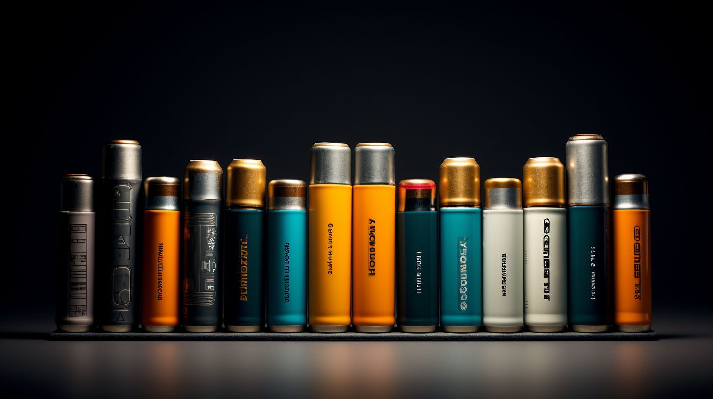 A variety of camping batteries including AA, AAA, C, D, and 9V batteries, showcasing their distinct shapes, sizes, and colors.