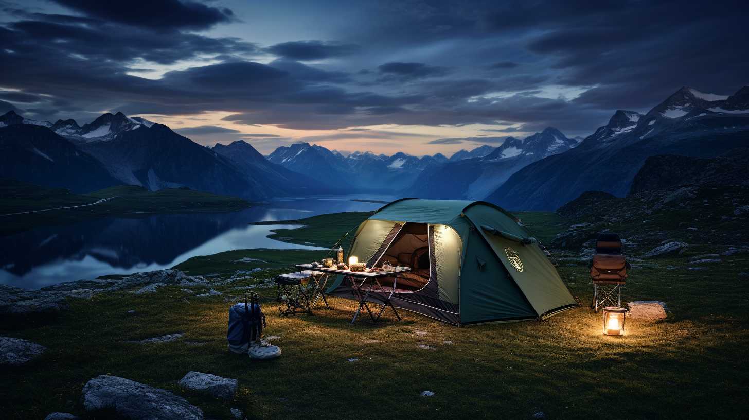 A panoramic view of a serene campsite at dusk, with an illuminated tent, camping stove, LED lantern, and portable speaker neatly arranged nearby.