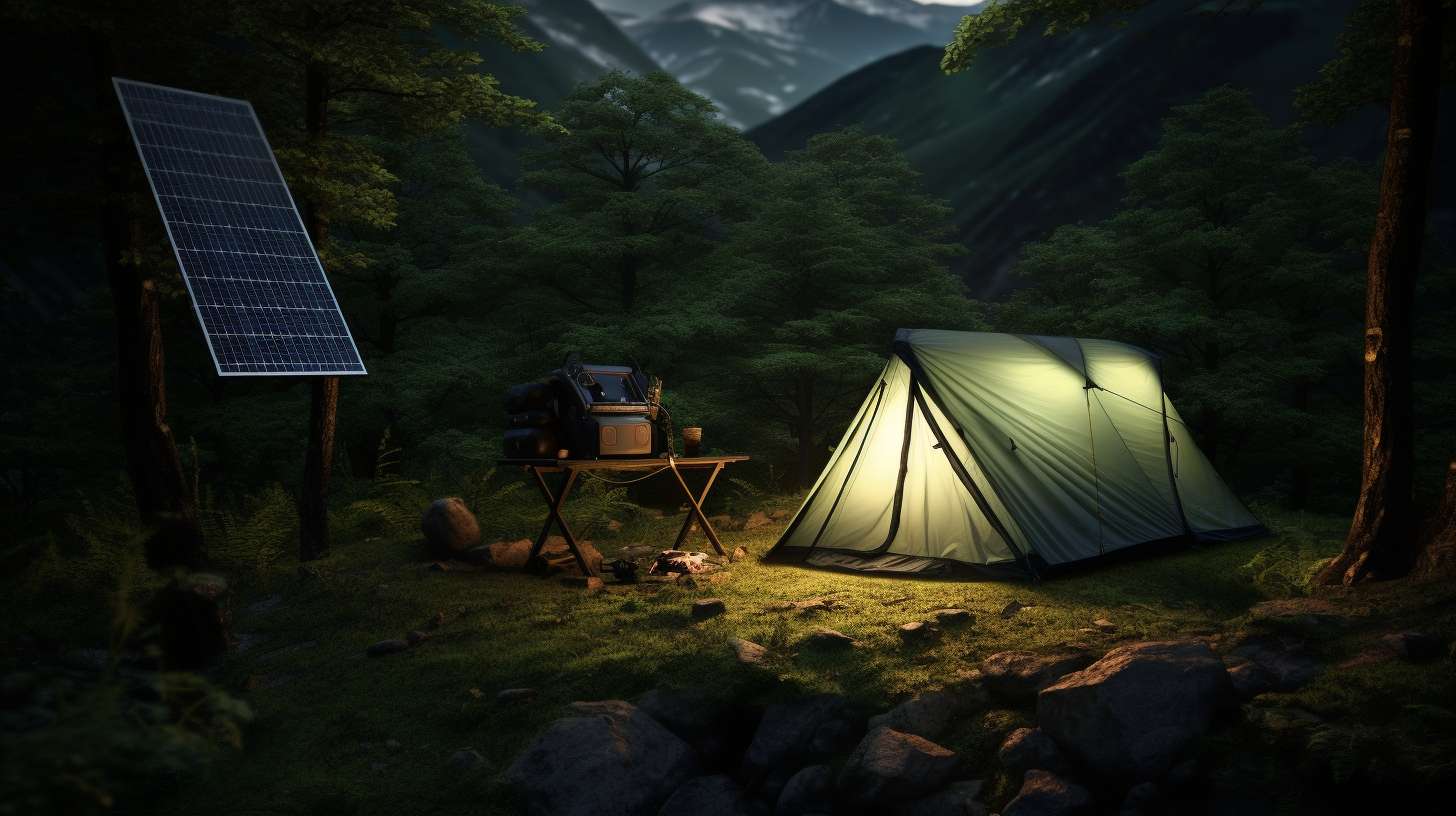 A tent nestled in a serene forest with a solar panel attached to a backpack. The panel charges a high-capacity battery, powering various camping gadgets like a LED lantern, portable speaker, and smartphone charger.