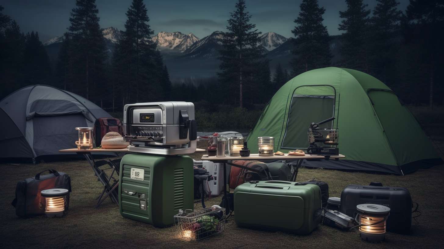 A variety of camping appliances connected to different-sized inverters, emphasizing the importance of choosing the right size for camping power needs.