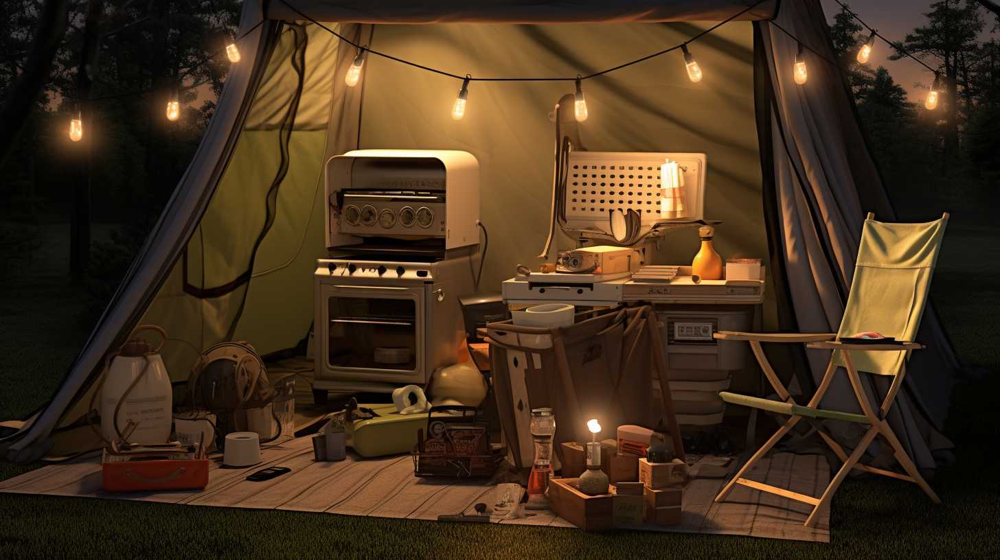 A camping scene with a tent, portable stove, string lights, and a fan, all powered by an inverter. The inverter displays the total wattage needed.