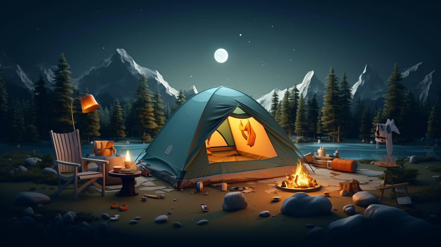 A serene campsite with a spacious tent, a cozy bonfire, and various camping essentials, including an inverter placed beside the camping gear.