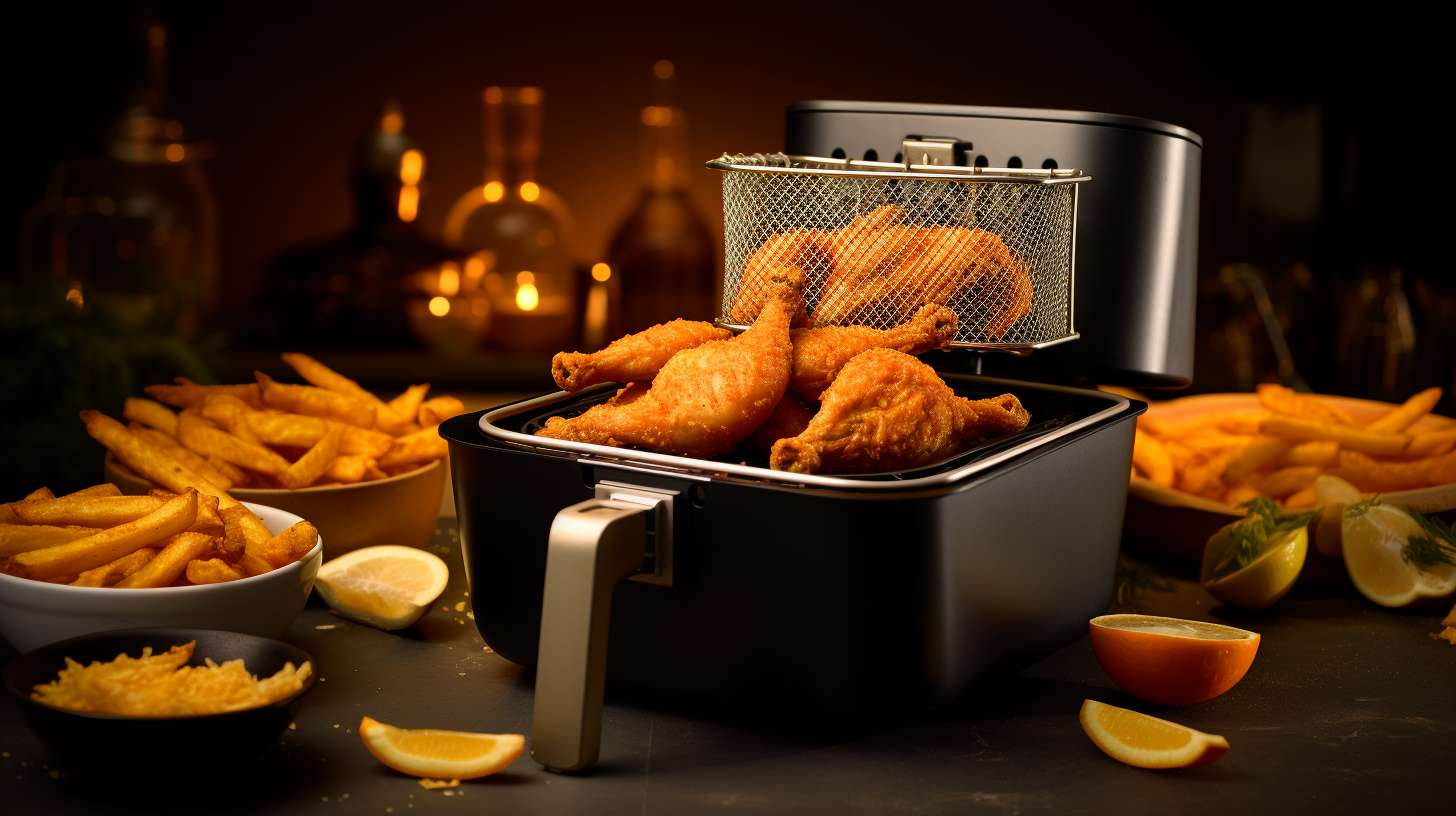 A rectangular fryer basket filled with crispy, golden french fries, perfectly cooked onion rings, and succulent chicken wings in a 4-quart air fryer.