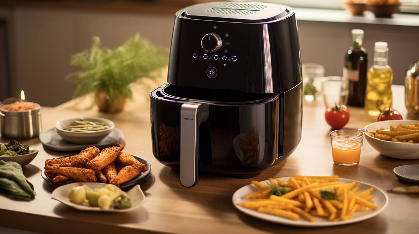 A 4 quart air fryer in a kitchen setting, surrounded by various ingredients and utensils, demonstrating its capacity for cooking different meals.