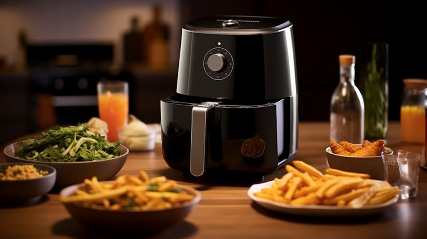 A compact and spacious 4-quart air fryer with sleek cylindrical shape, measuring 12 inches in height and 10 inches in width, ideal for any countertop.
