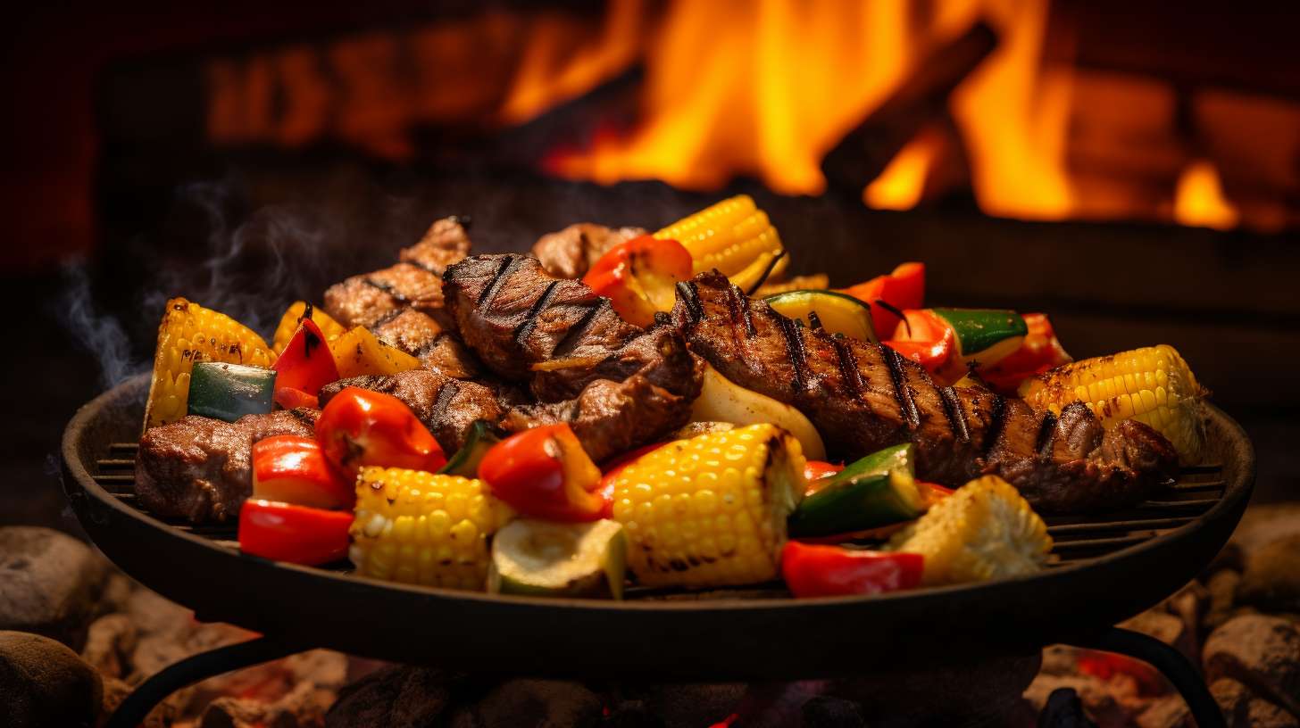 A crackling campfire surrounded by a rustic outdoor setting. In the foreground, there is a sizzling grill with mouthwatering skewers loaded with marinated meat, colorful bell peppers, juicy pineapple chunks, and charred corn cobs.