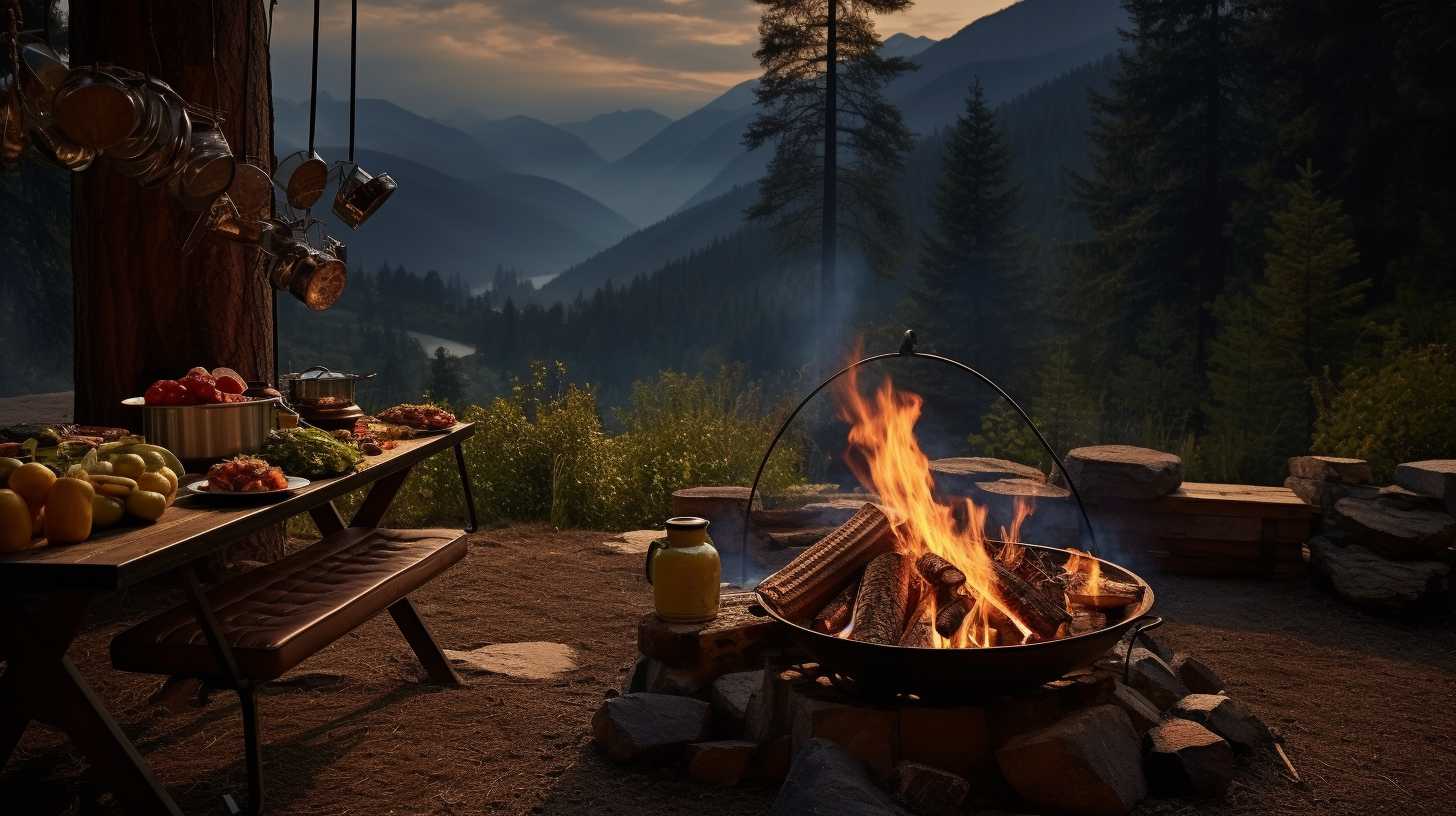 A rustic campsite with a crackling firepit, skewers of charred zucchini, bell peppers, and corn sizzling over the flames, surrounded by towering pine trees.